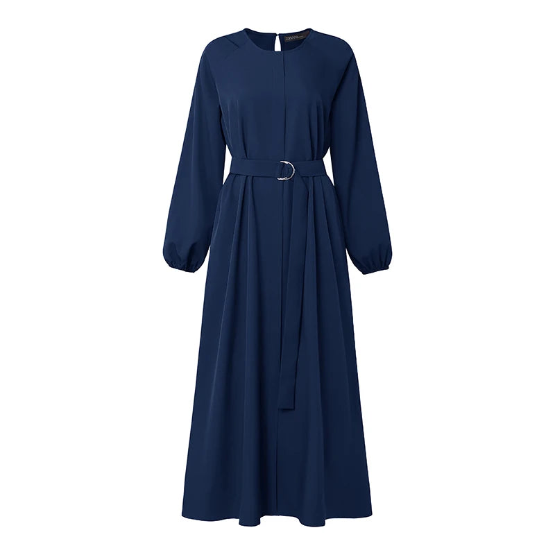 Modest Muslim Abaya Hijab Dresses ZANZEA Women Elegant O Neck Long Sleeve Belted Sundress Solid Color Loose Dubai Robe Ramadan