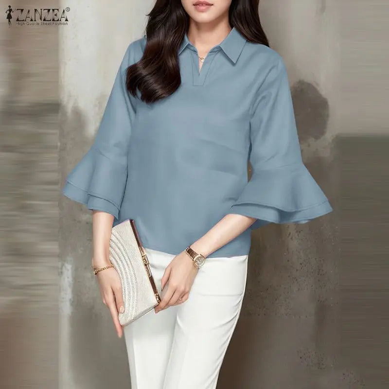 ZANZEA Elegant Layered Flare Sleeves Blouses Women's Casual Turn-Down Collar Solid Color Blouse Spring Summer Fashion Woman Tops