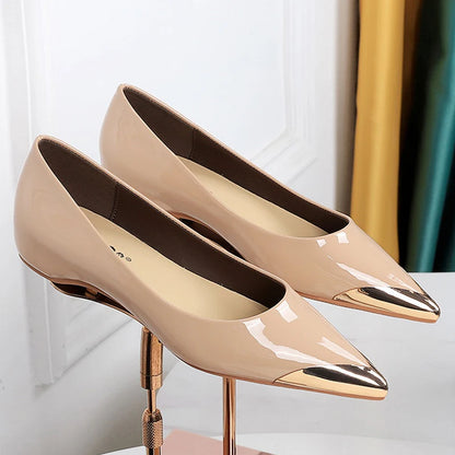 BIGTREE Shoes Low Heeled Women's Shoes Patent Leather Wedge Heels Women Pumps Metal Pointed Tip Luxury Banquet Shoes Fashion