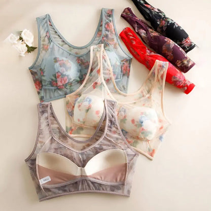 Mid-aged Women Bra Mesh Thin Plus Size Floral Print Wide Shoulder Strap Anti-snagging Push Up Seamless Mother Bra 90%