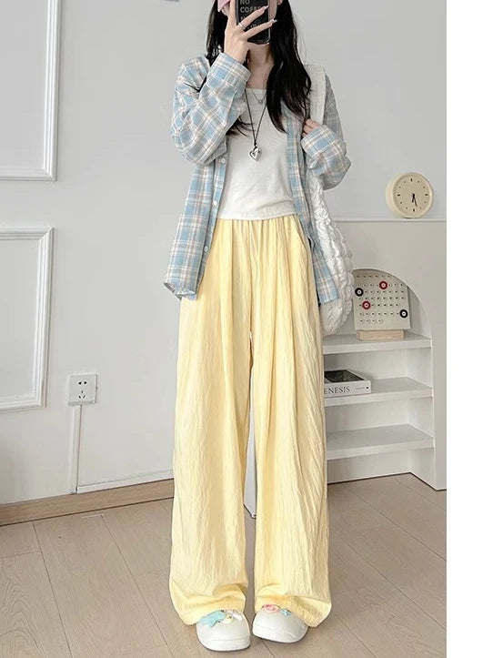 Summer Women's Wide-leg Pants Purple Thin Sunscreen Straight Pant Full Length Elastic Waist Casual Korean Fashion Trousers Women