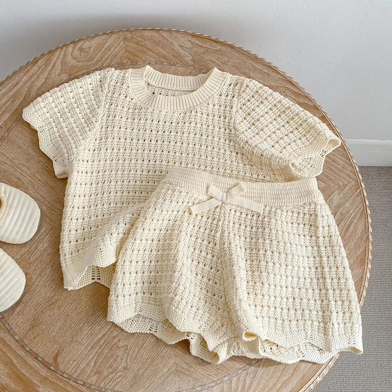 2026 New Summer 0-6Yrs Children Clothes Suit Short Sleeved Solid Color Knitted Pullover+Shorts Newborn Baby Girls Clothing Set