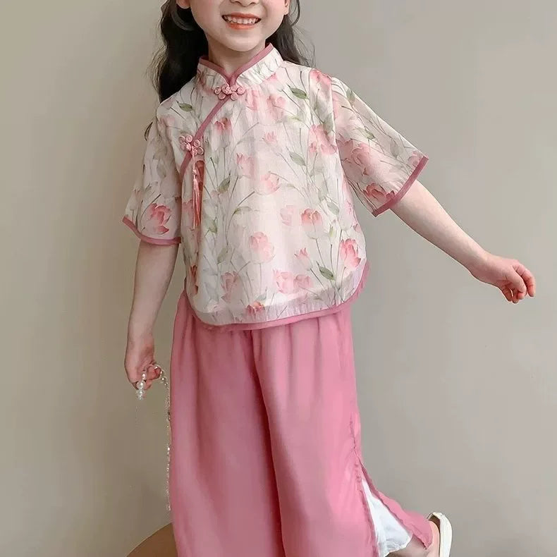 Fashion Chinese Tops Pants Girl Suit Casual Costume Kids Clothes Baby Outfit Summer Two-piece Set Girls Hanfu Children's Sets