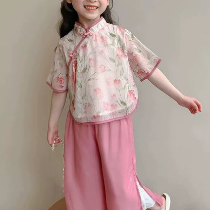 Fashion Chinese Tops Pants Girl Suit Casual Costume Kids Clothes Baby Outfit Summer Two-piece Set Girls Hanfu Children's Sets