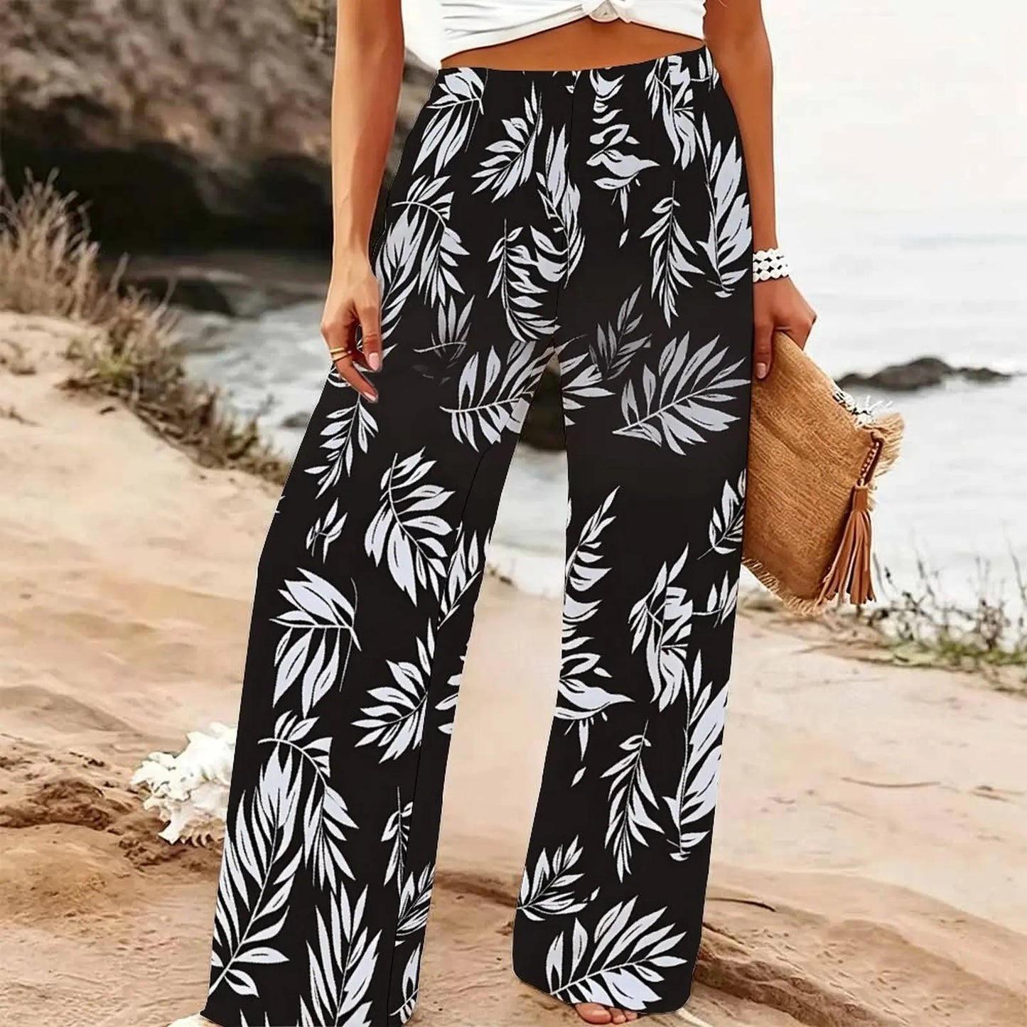 Women's Summer Beach Wide Leg Trousers Floral Print Elastic High Waist Loose Fit Casual Vacation Palazzo Pants