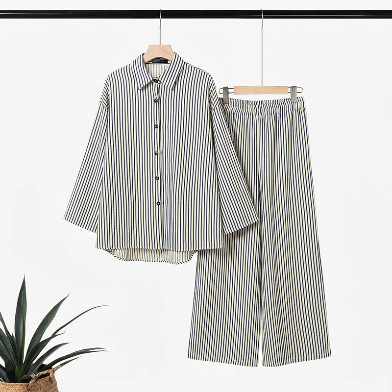 ZNAZEA Fashion Autumn Lapel Neck Long Sleeve Shirt Tops Loose Wide Leg Pant Sets Women Outfits Casual OL Work Tracksuit 2 Pieces