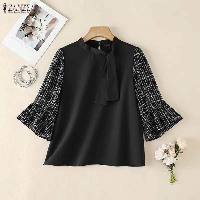 ZANZEA 2026 Women Elegant Tie Neck Blouses Patchwork 3/4 Flared Sleeve Casual Tops Autumn Everyday Wear Dates Blusas Mujer
