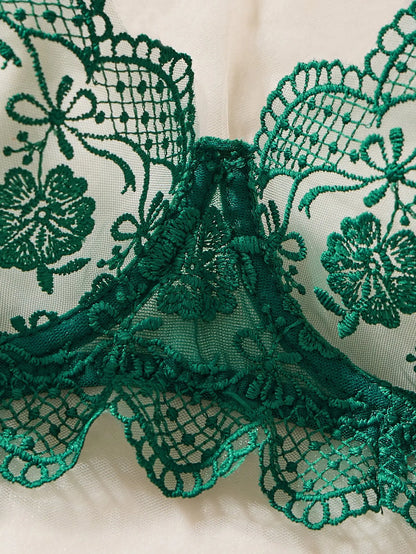 Sexy Dark Green Floral Lace Lingerie Set Sheer Mesh Longline Underwire Bra Adjustable Panty See Through Underwear