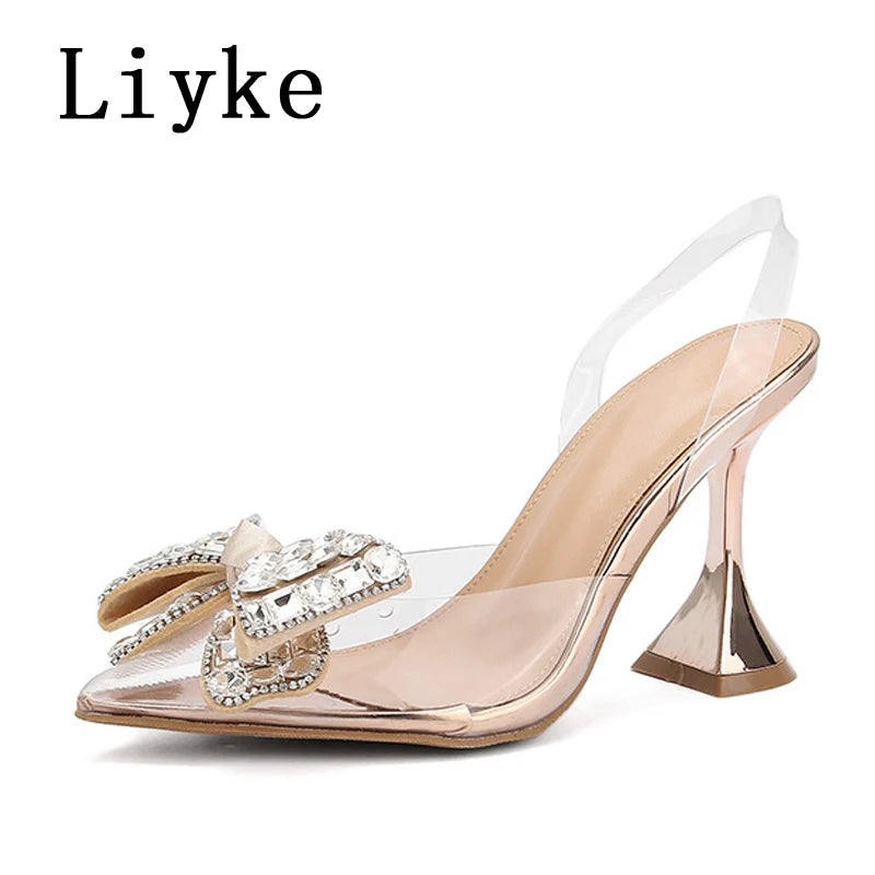 Liyke 2026 New Silver Crystal Bowknot Women Pumps High Heels Transparent Sandals Sexy Pointed Toe Wedding Banquet Shoes Size 41