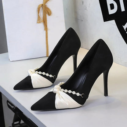 French Style Lady Pearl Chain Bow Pointed Toe Shallow Mouth Fashion Suede Stiletto Shoes for Women  Design Perfect Elegant
