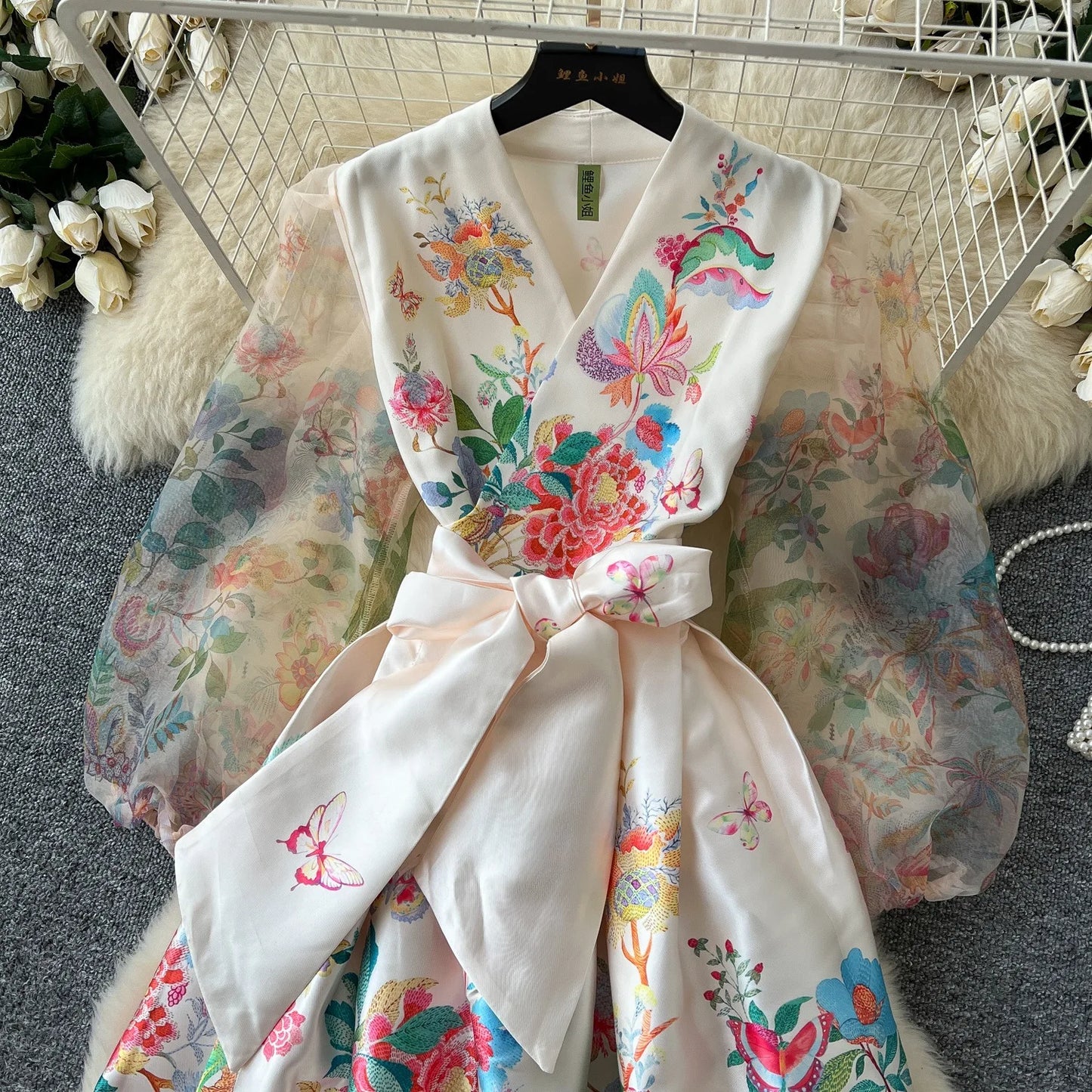 Women Dresses Mesh Long Dress Flower Print Lantern Sleeve V Neck Lace Up Tight Waist A Line Spring Maxi Gown Female Vestidos