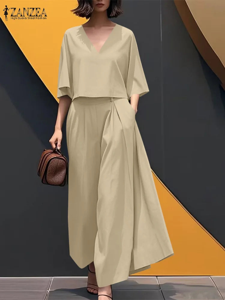 ZANZEA Summer Women Two Pieces Sets 2PCS Outfit V-Neck 3/4 Sleeve Blouse Wide Leg Trousers Suit Casual Solid Work Tracksuit 2025