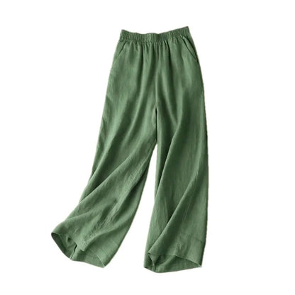 Cotton Linen Wide Leg Pants Women Summer New Loose Straight Nine Points Thin Casual Big Foot Pants High Waist Pocket Detail