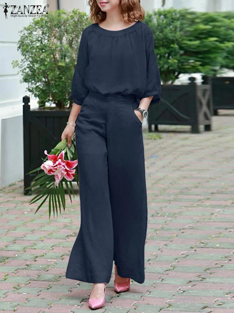 ZANZEA Autumn 2PCS Outfits Fashion Women Two Pieces Sets O Neck Long Sleeve Blouse Pant Sets Casual Solid Loose Work Tracksuits