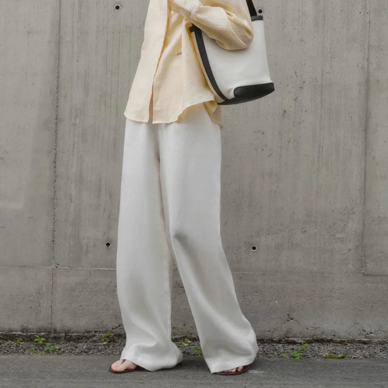 Vintage Pure Linen Long Pant for Women Fashion Casual Loose Spring and Summer Wide-leg Pants Streetwear Office Ladies Trousers