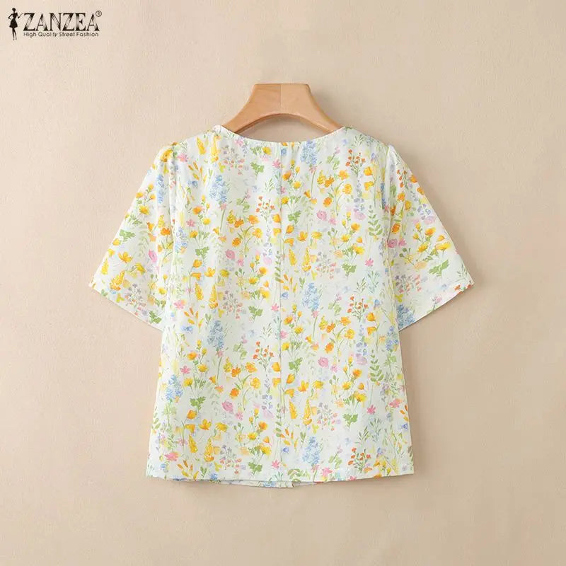 ZANZEA Women's Allover Floral Printing Shirts Elegant Square Neck Short Sleeve Button Up Blouses Summer Casual Day Chemise Femme