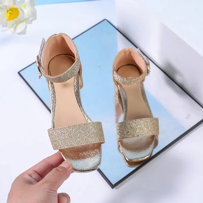 2025 Summer New Children's Sandals Fashion Girls' High Heels Silver Sequins Open Toed Girls' Princess Sandals