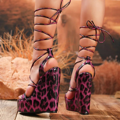 Sexy Ankle Cross Strap Wedge Platform Sandals Women 16cm Chunky High Heels for Ladies Fashion Narrow Band Design Party Prom Shoe