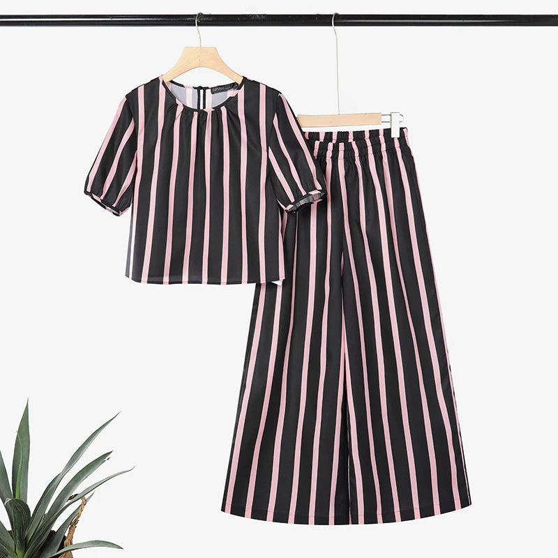 ZANZEA Women's Casual Striped 2-Piece Pant Sets Short Sleeve Loose Blouse & Wide Leg Trousers Suits Stylish Everyday Work Outfit