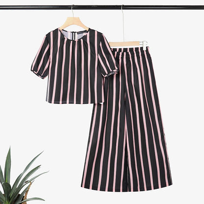 ZANZEA Women's Casual Striped 2-Piece Pant Sets Short Sleeve Loose Blouse & Wide Leg Trousers Suits Stylish Everyday Work Outfit