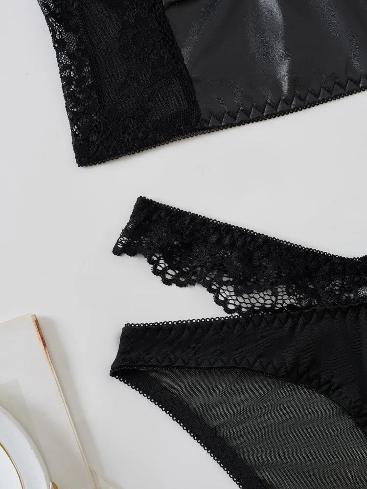 2Pcs Black Lace Bra Set French Style Women Bra Panties Breathable Mesh Underwear Elegant Ladies Ultra Thin Underwear Panties Set
