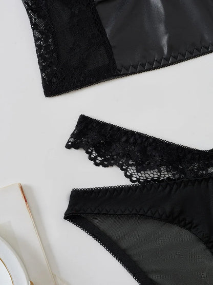 2Pcs Black Lace Bra Set French Style Women Bra Panties Breathable Mesh Underwear Elegant Ladies Ultra Thin Underwear Panties Set