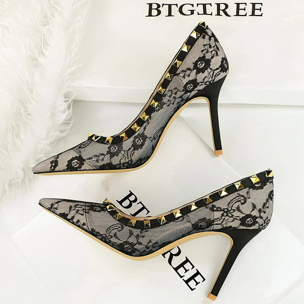 BIGTREE Shoes Sexy High Heels Lace Mesh Women Pumps Rivet Decoration Stiletto Heels 9 CM Ladies Sexy Party Shoes Plus Size 43