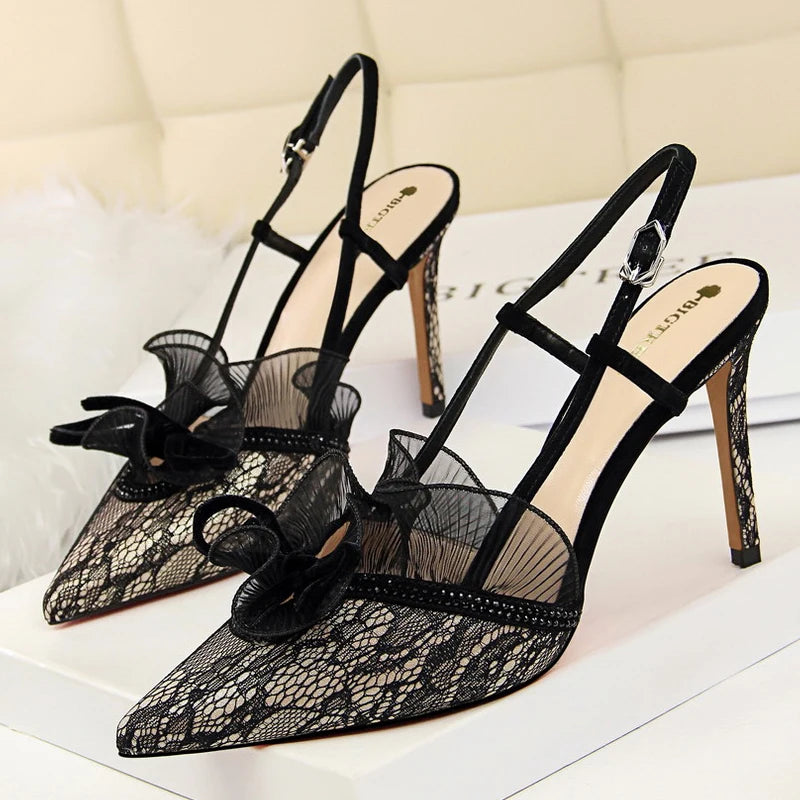 BIGTREE Shoes Fashion Women Sandals Mesh Lace Sexy High Heels 9 Cm Women Pumps Stilettos Summer Heeled Sandals Plus Size 42 43