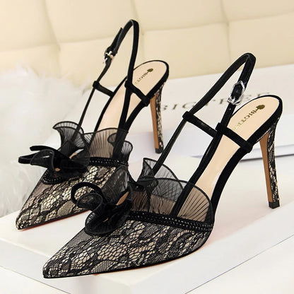 BIGTREE Shoes Fashion Women Sandals Mesh Lace Sexy High Heels 9 Cm Women Pumps Stilettos Summer Heeled Sandals Plus Size 42 43