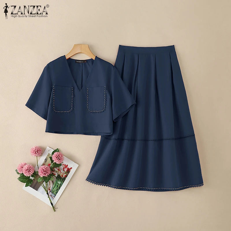 2026 ZANZEA Summer Elegant V Neck Short Sleeve Blouse Dress Sets Stylish Women Outfits Elegant OL Work Suit Solid 2 Pieces Sets