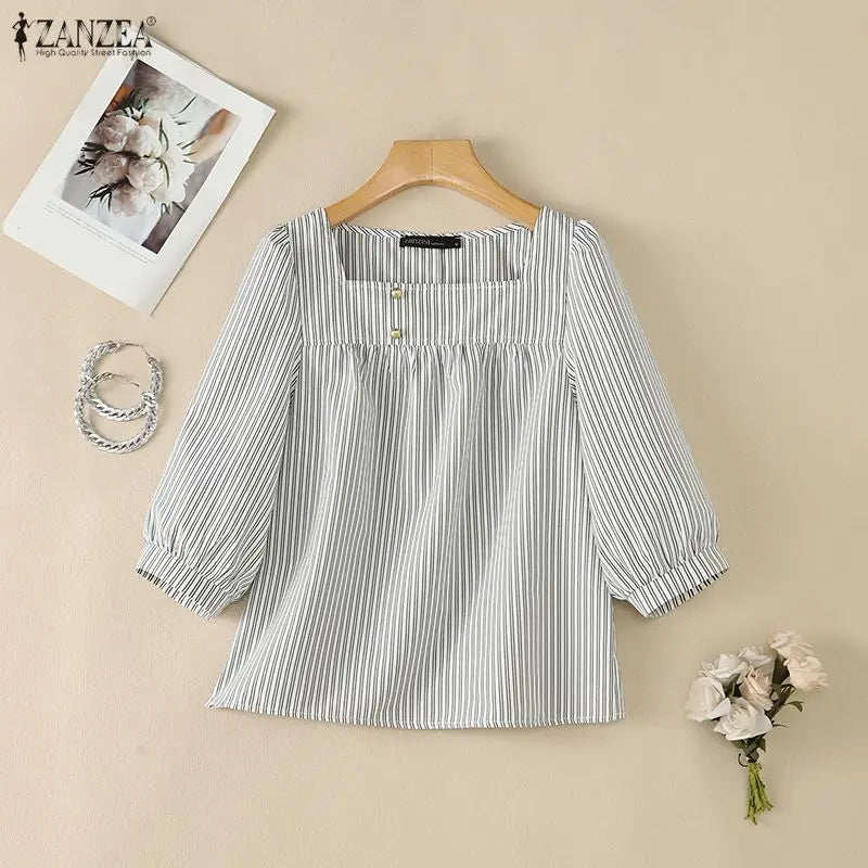 ZANZEA Women Striped Blouse Square Neck 3/4 Puff Sleeve Button Casual OL Work Party Tops Summer Autumn Blusas Oversize Tunic