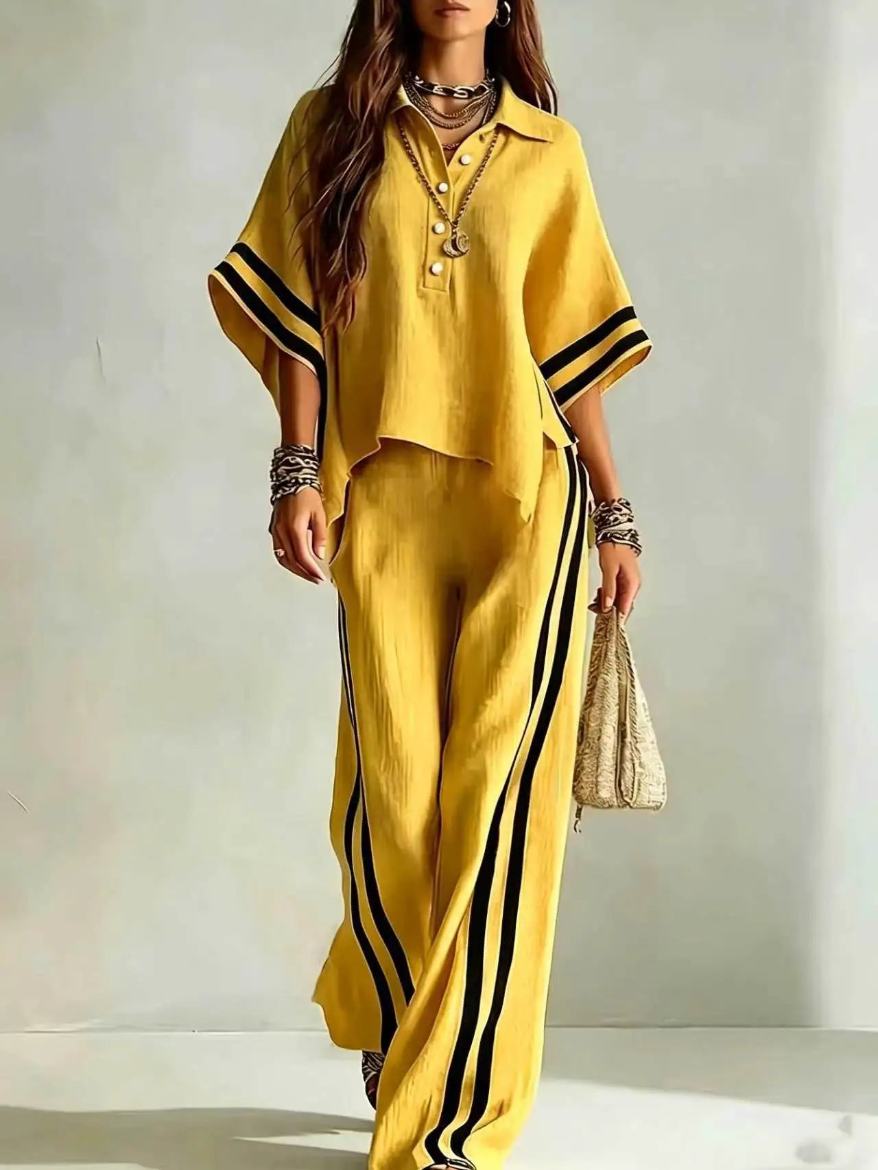 Spring Summer Women Short Sleeve Lapel Shirts Tops + Loose Striped Pants Female Casual Two-piece Clothing Set Casual Holiday Set
