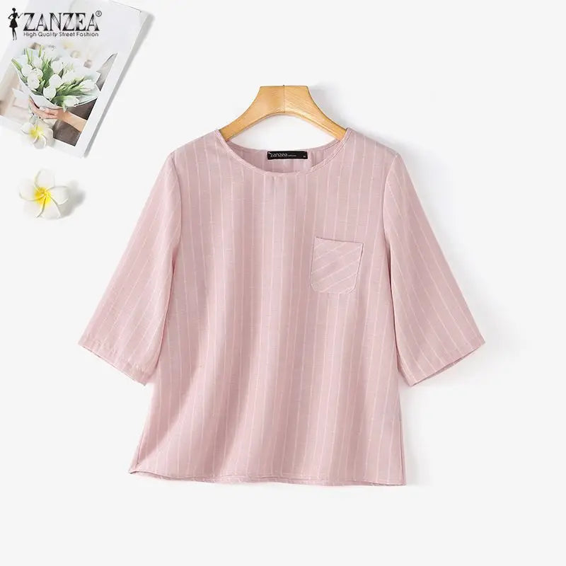 ZANZEA Casual Striped Blouses Woman Minimalist O-Neck 3/4 Sleeve Pocket Loose Tops Tunic Autumn 2026 Daily Wear Blusas Mujer