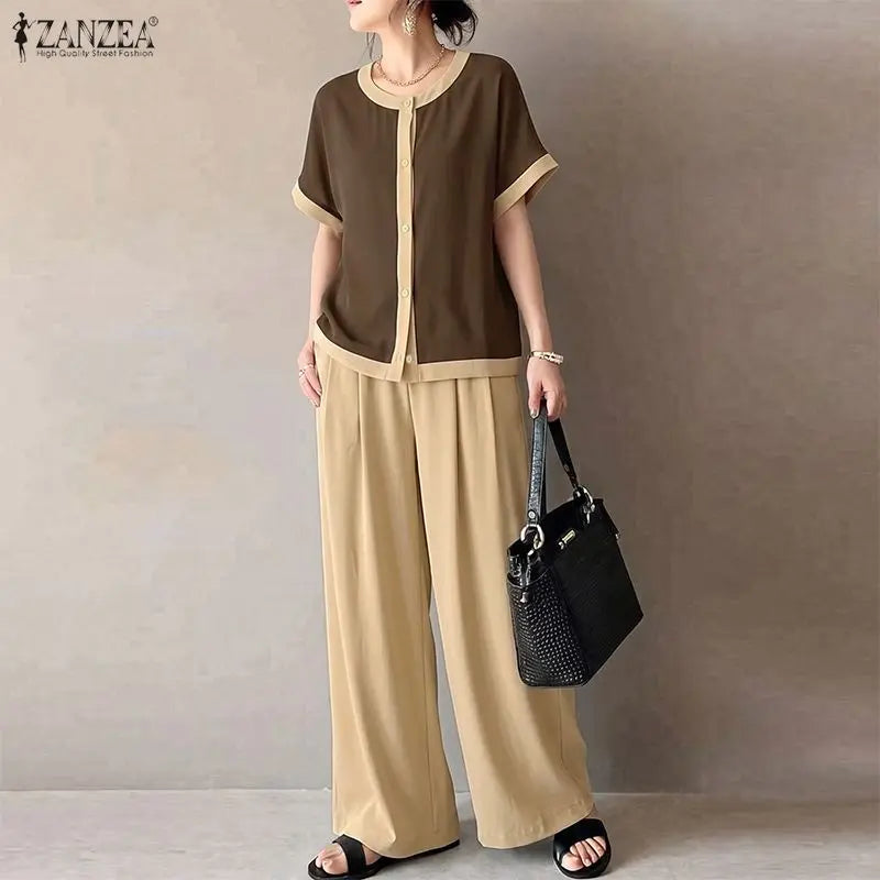 ZANZEA Color Blocked Loose 2 Pieces Matching Pant Sets Women Contrat-Trim Half Sleeve Tops & Wide Leg Pants Casual 2pcs Suits