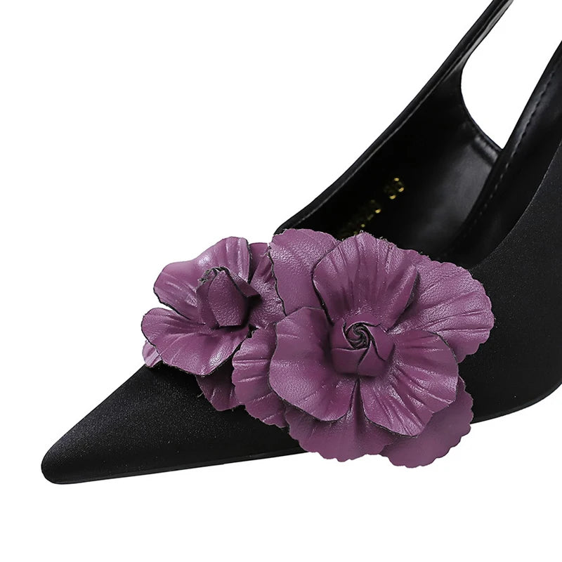BIGTREE Shoes Color Blocked Flowers Women Pumps Silks Satins High Heels Hollow Out Hook Strap High Heeled Sandals Stiletto Heels