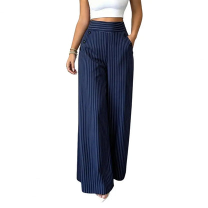 Striped Wide Leg Pants for Women, Loose Casual High Waisted Trousers with Button, Breathable Palazzo Pants with Pockets