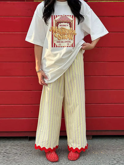 Loose Stripe Women'e Long Pants Summer Elastic Waist Contrast Ruffle Wide Leg Pant For Women 2026 Fashion Casual Lady Trousers