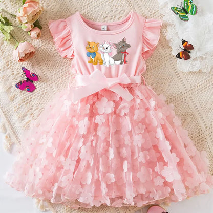 Marie Cat Girls Summer Dress Cartoon Bow Tutu Dress 3D Butterfly Cute Cotton Party Casual Dress for Baby 2-6 Years