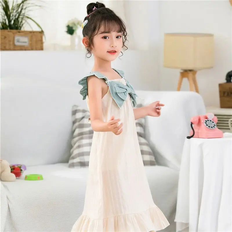 2026 New 100% Cotton Girls Summer Nightgown Thin Princess Spaghetti Strap