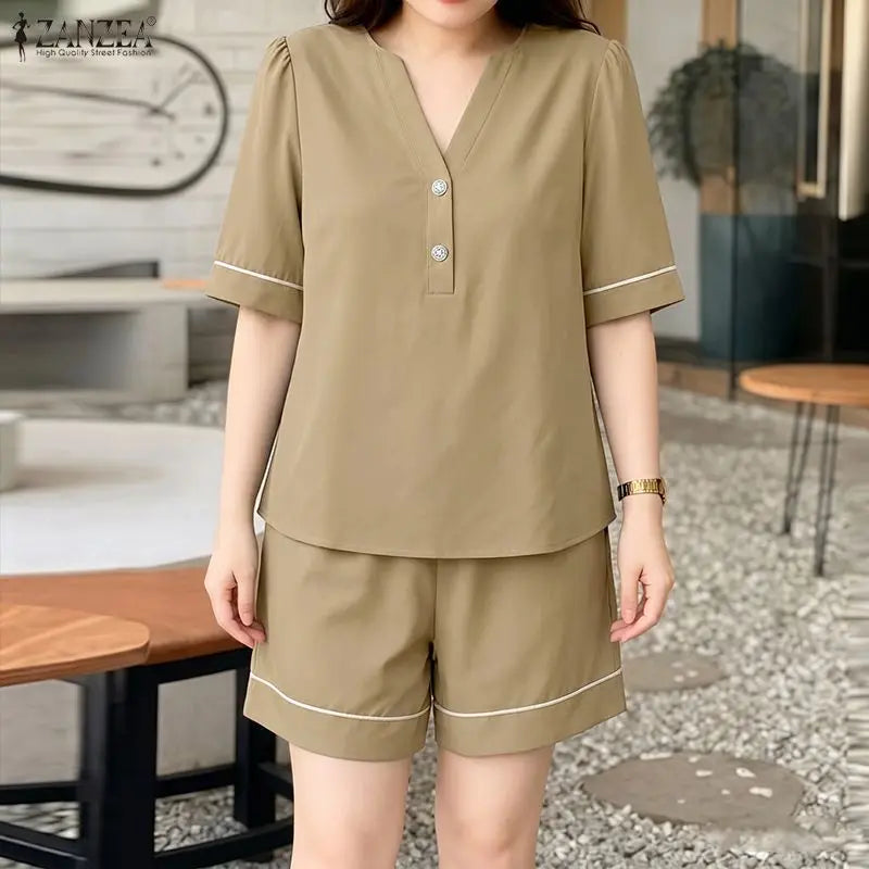 ZANZEA Summer 2PCS Outfit Women 2 Pieces Sets V Neck Short Sleeve Blouse Short Sets Stylish Casual Color-Blocking Tracksuit 2026