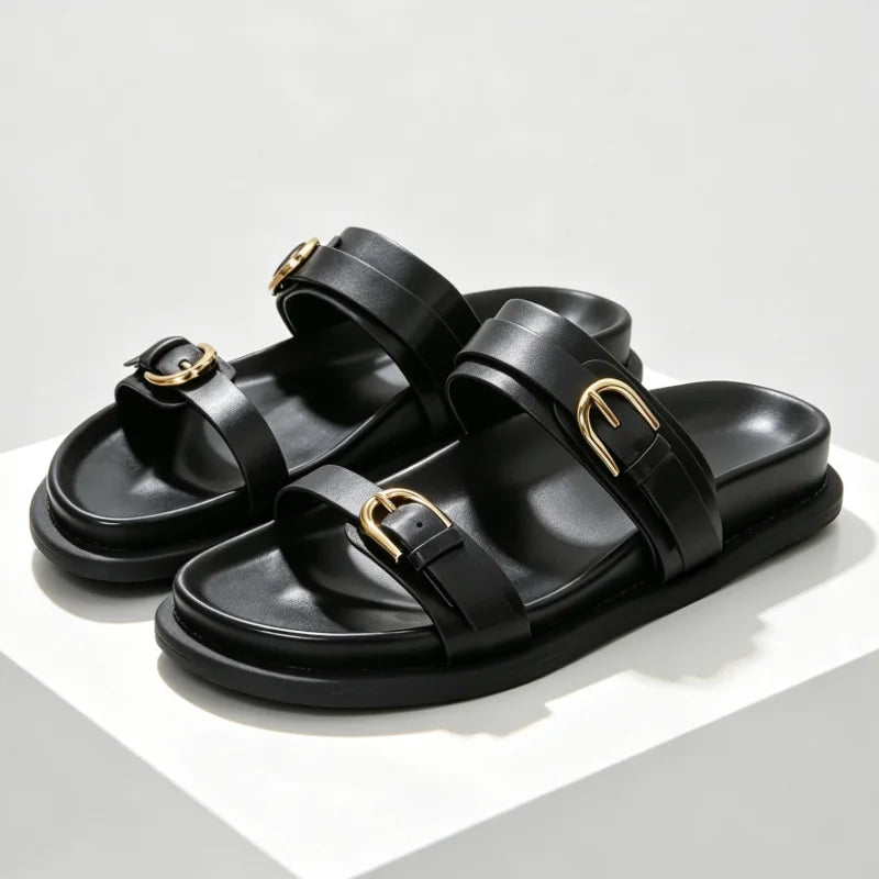 Retro Metal Belt Buckle Detail Flat Slippers for Ladies Comfort Platform Slide Sandals Summer Sexy Open Toe Beach Designer Shoes