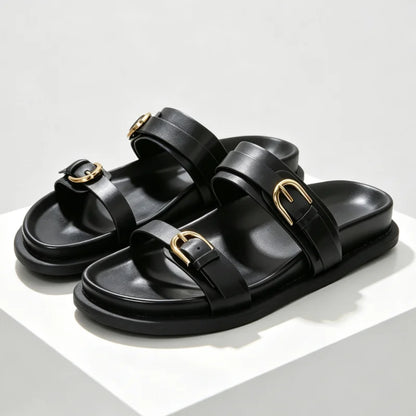 Retro Metal Belt Buckle Detail Flat Slippers for Ladies Comfort Platform Slide Sandals Summer Sexy Open Toe Beach Designer Shoes