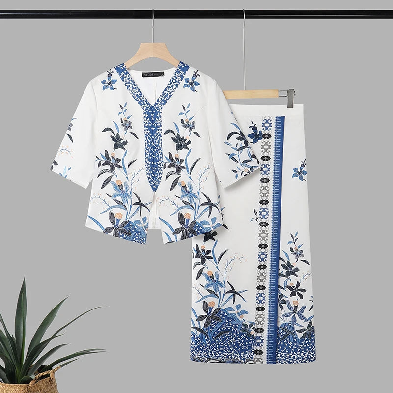 ZANZEA Elegant Women Dress Sets Ethnic Print V Neck Half Sleeve Blouse Sheath Maxi Long Skirt Suit Stylish Work Outfits 2 Pieces