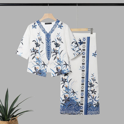 ZANZEA Elegant Women Dress Sets Ethnic Print V Neck Half Sleeve Blouse Sheath Maxi Long Skirt Suit Stylish Work Outfits 2 Pieces