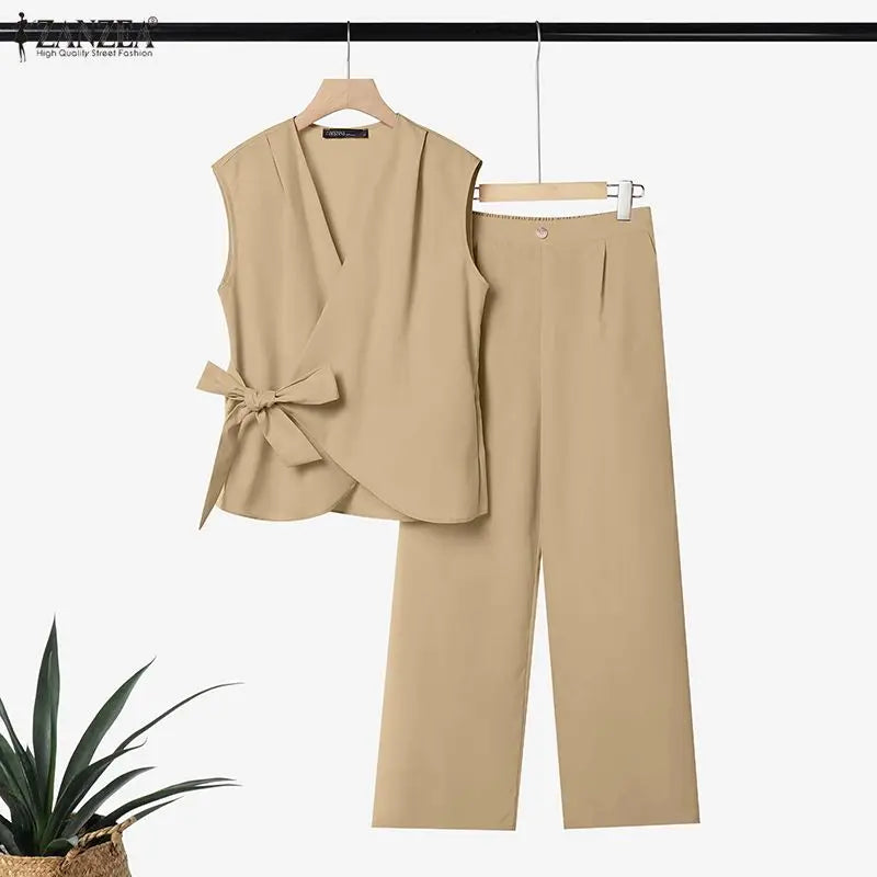 ZANZEA Women Minimalist Matching Pant Sets Wrapped V-Neck Sleeveless Tops & Wide Leg Pants 2 Piece Suits Casual Commute Outfits