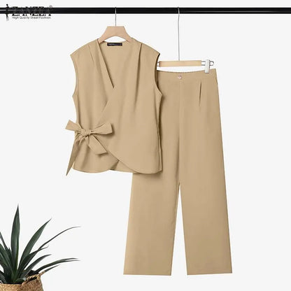 ZANZEA Women Minimalist Matching Pant Sets Wrapped V-Neck Sleeveless Tops & Wide Leg Pants 2 Piece Suits Casual Commute Outfits