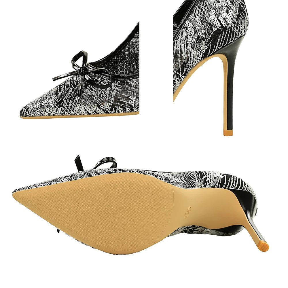 Sexy Lace Sequin Decoration Women Pumps Bowknot High Heels Pointed Tip Ladies Shoes Stiletto 9 cm Heels Women Sexy Party Shoes