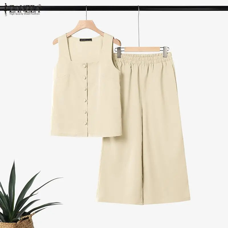 ZANZEA Women's Casual Pant Suits Wide Leg Cropped Pant & Sleeveless Tops 2 Pieces Sets SummerDaily Commute Solid Color Outfits