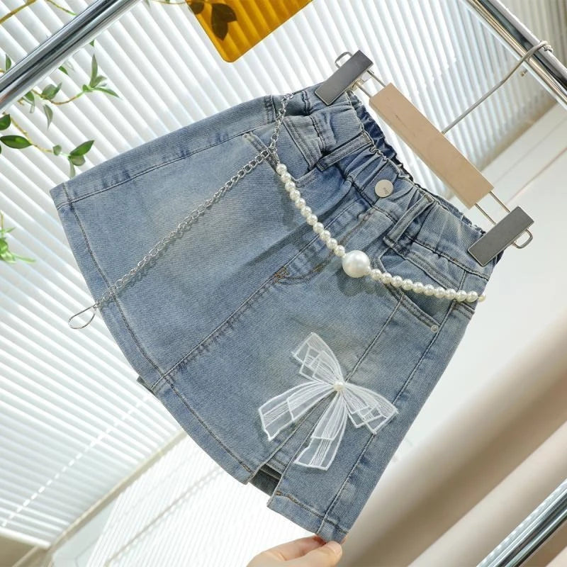 Girls Denim Skort 2026 Summer Kids Short Pants Cute Sweet Style Fake Two Piece Design Comfortable Stretch Casual Versatile