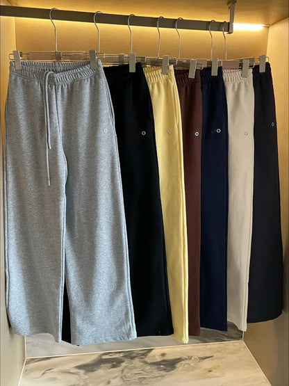 Casual Loose Black Wide Leg Pants Cotton Sports Straight Trousers Women Spring Elastic High Waist Drawstring Women's Sweatpants